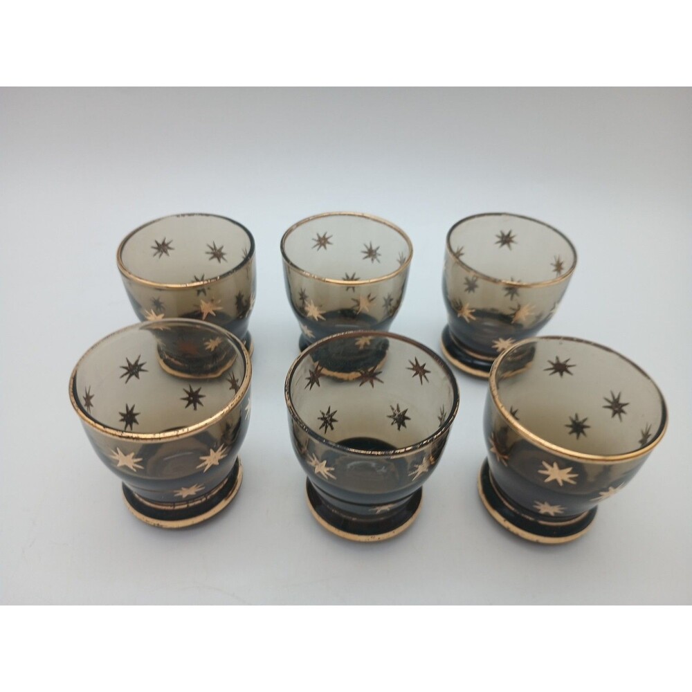 6 Vtg Cordial Glasses Brown With Gold Atomic Stars Smokey - Picture 3 of 7